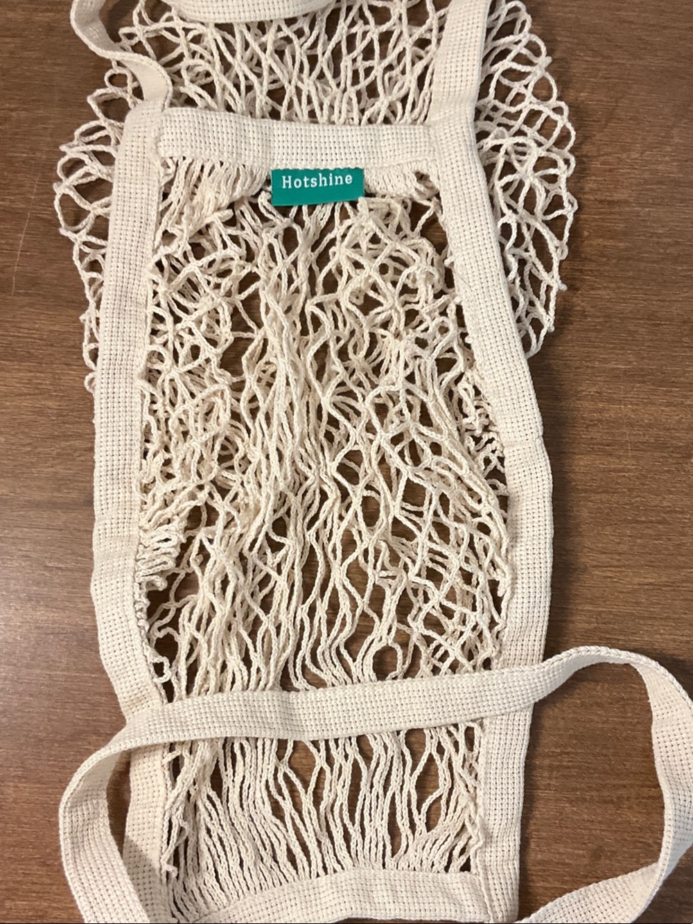 Hotshine brand, mesh bag reusable. Handles 12” long, 100% cotton.